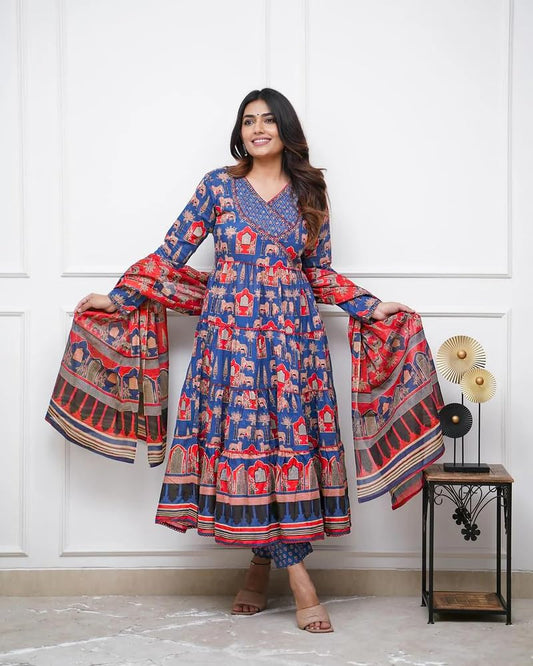 GRECIILOOKS Women's Poly Rayon Regular Kurta Set (GL-W.Kurta SET-K2762&P184&D122_Blue_M)