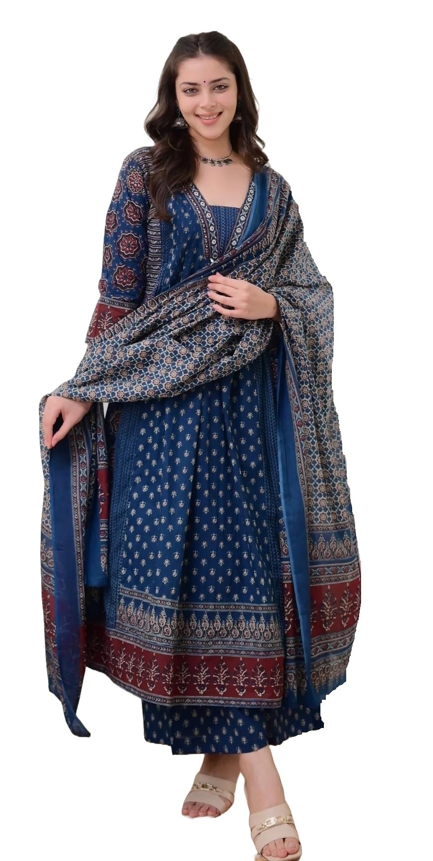KLOSIA Women Printed Anarkali Kurta and Pant Set with Dupatta (in, Alpha, L, Teal Blue)
