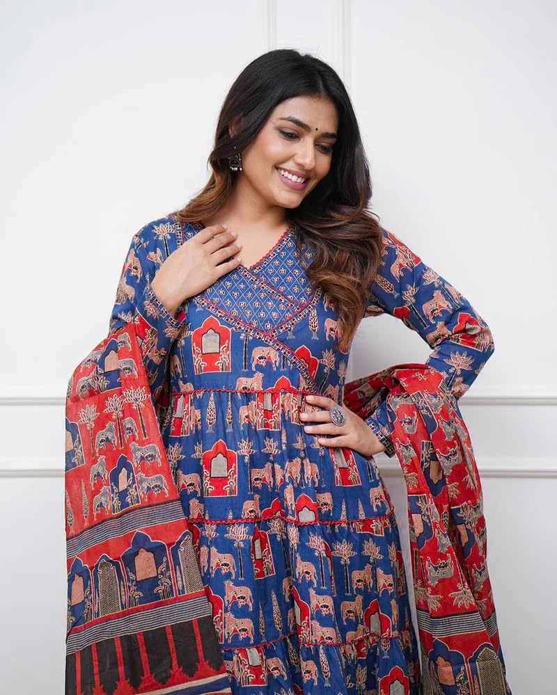 GRECIILOOKS Women's Poly Rayon Regular Kurta Set (GL-W.Kurta SET-K2762&P184&D122_Blue_M)