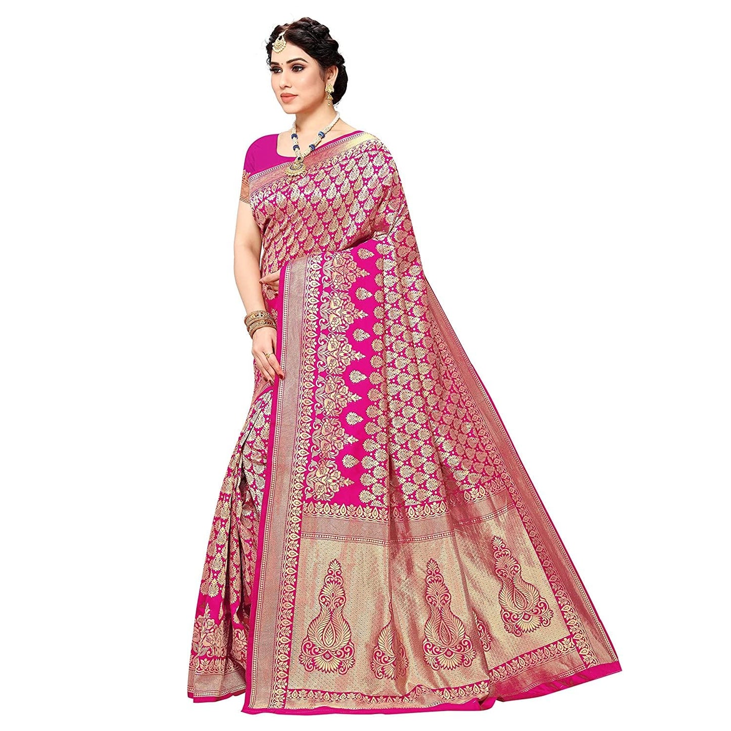 Yashika Women's Trendy Banarasi Kanjivaram Pink Color Art Silk Saree with Blouse Material (MALIYA PINK)