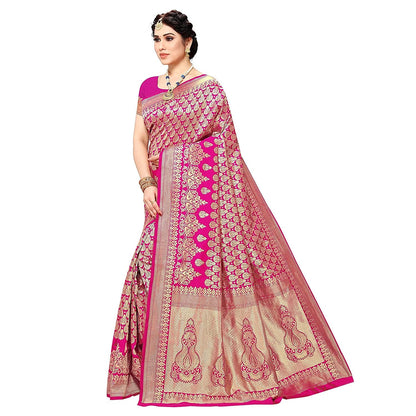 Yashika Women's Trendy Banarasi Kanjivaram Pink Color Art Silk Saree with Blouse Material (MALIYA PINK)